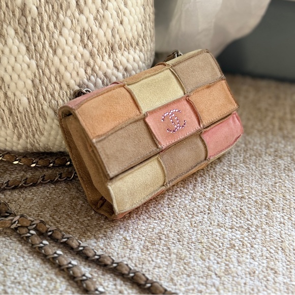 AUTH RARE CHANEL MINI PATCHWORK SUEDE FLAP BAG CC PINK CRYSTAL. VINTAGE 2004-08 - Picture 10 of 17